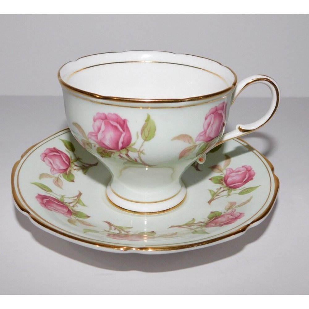 VTG Paragon TeaCup & Saucer Pastel Mint Green Cabbage Rose Gold Trim Pedestal - Picture 1 of 11
